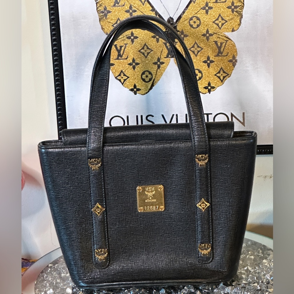 EUC MCM Black Saffiano Leather Studded Mini “Munchen Mini” Tote.